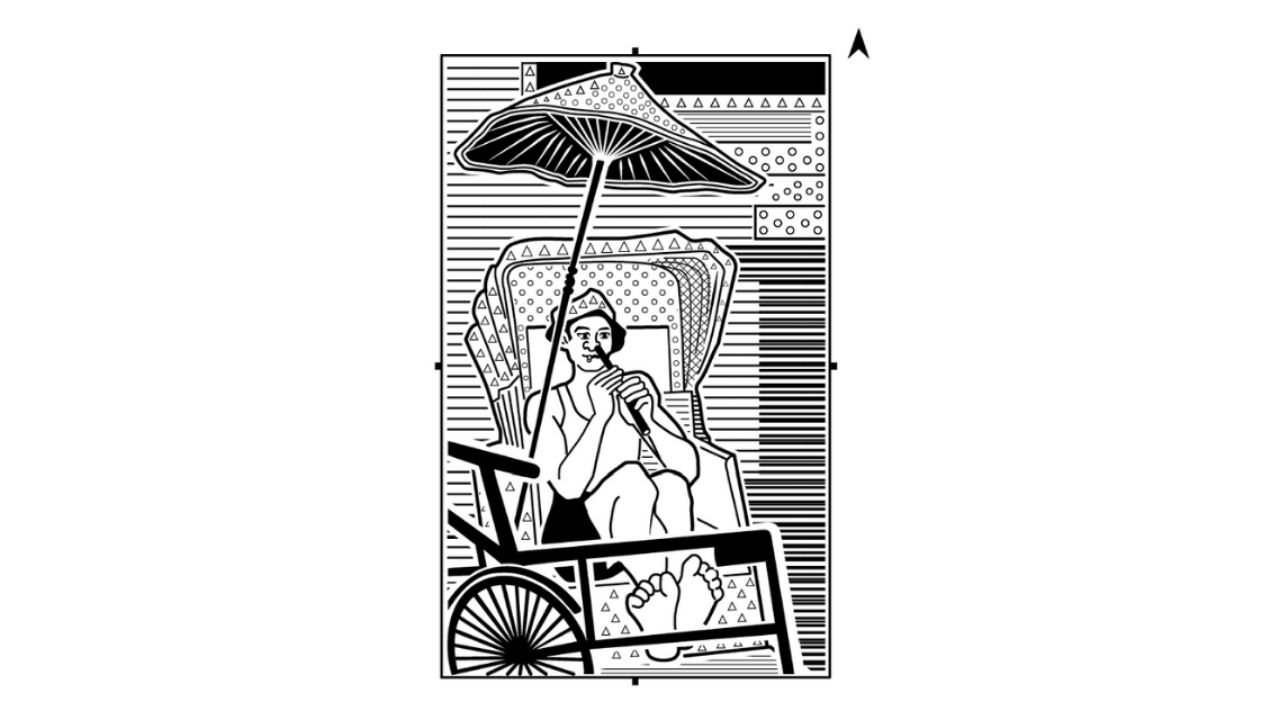 A tactile, black-lined rendition of Lai Foong Moi's Trishaw Rider, for touch exploration.