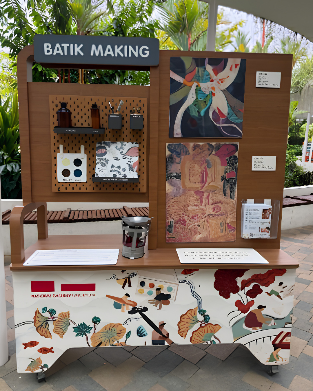A wooden Art Cart displaying beautiful art and various art supplies for creating floral drawings at NParks Gardeners’ Day Out event at Hortpark.