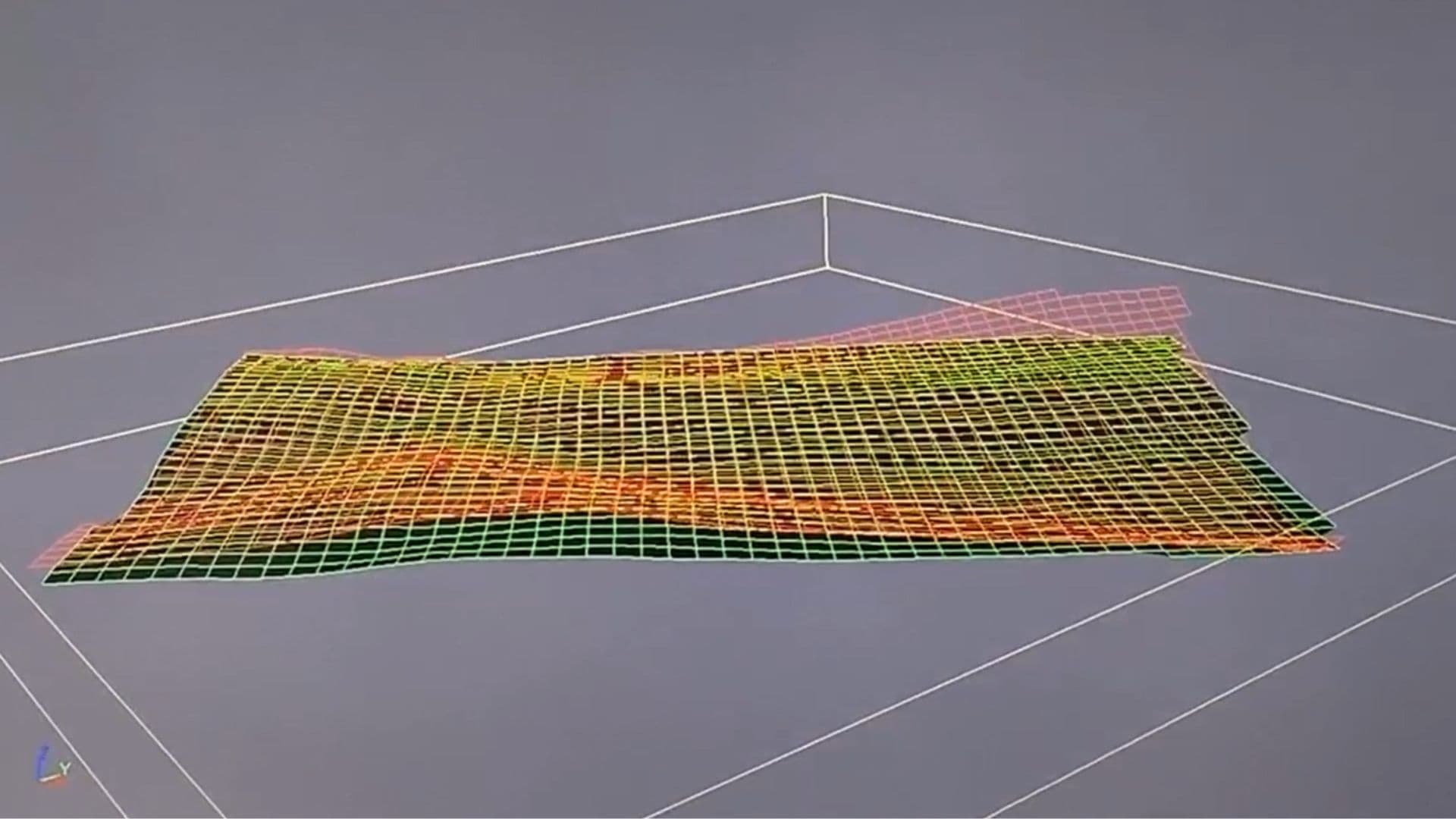 A digital 3D visualization displays a purple-toned map, with a color scale bar on the right.