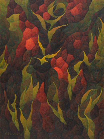 A vibrant image of the Dancing Mutants oil painting by Hernando R. Ocampo, which evokes a sense of dreamy and flowy movement