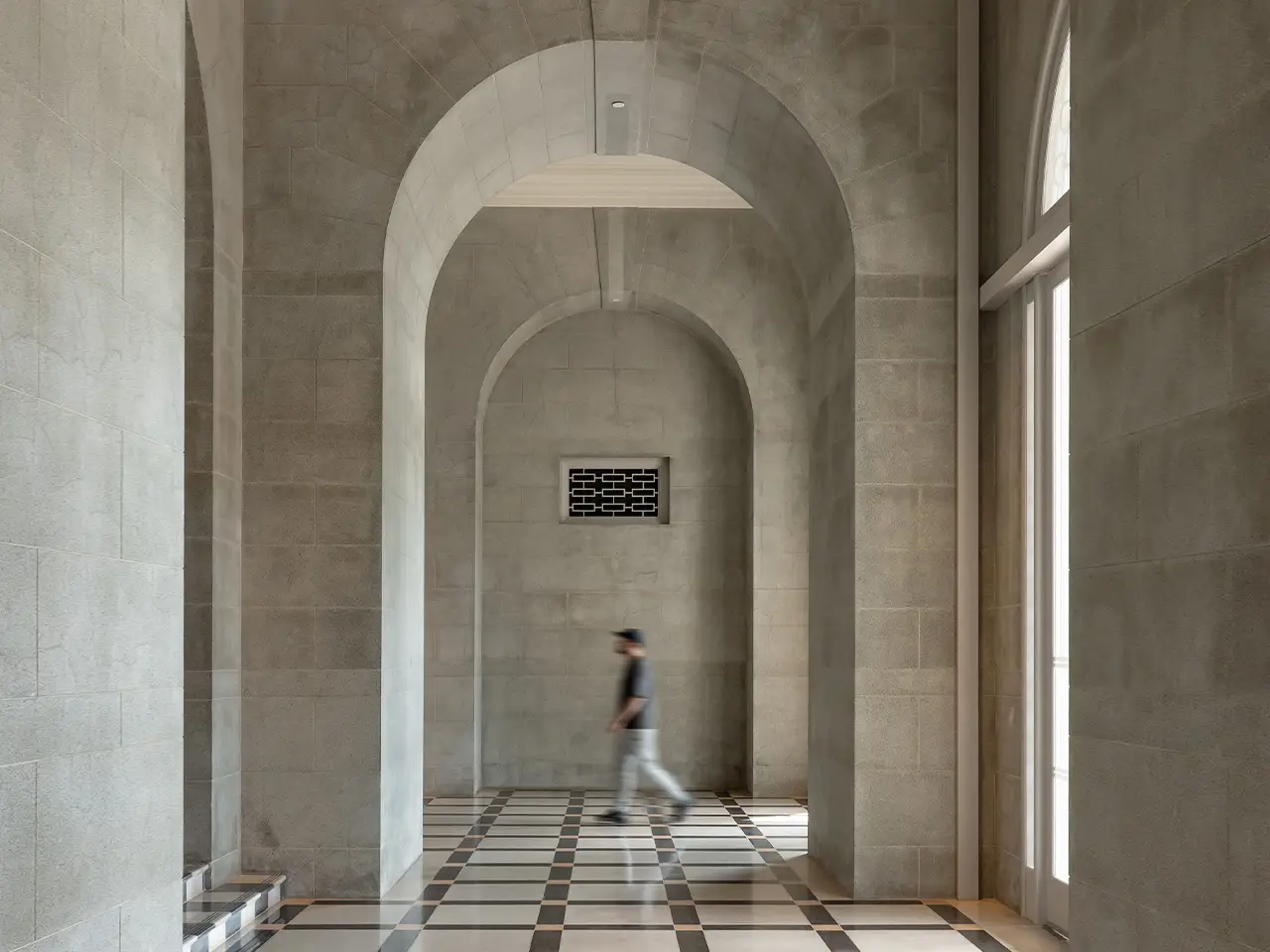Iconic grey bricked background and architecture of the Gallery