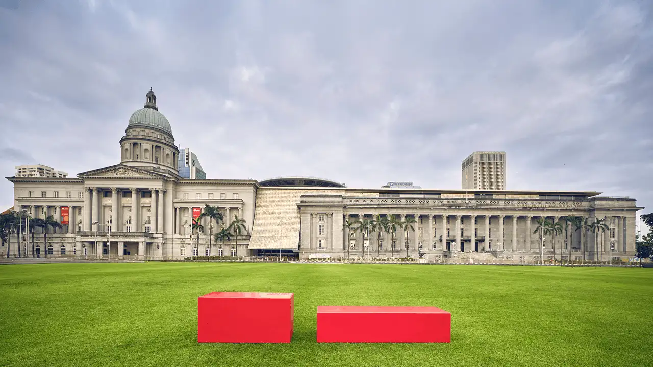 National Gallery Singapore's iconic two-block logo reimagined as benches for people to sit, gather and connect