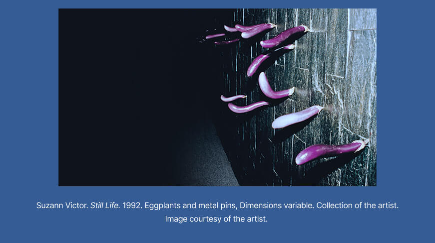 Suzann Victor, Still Life, 1992/2025, Eggplants and metal clips, Commissioned by National Gallery Singapore