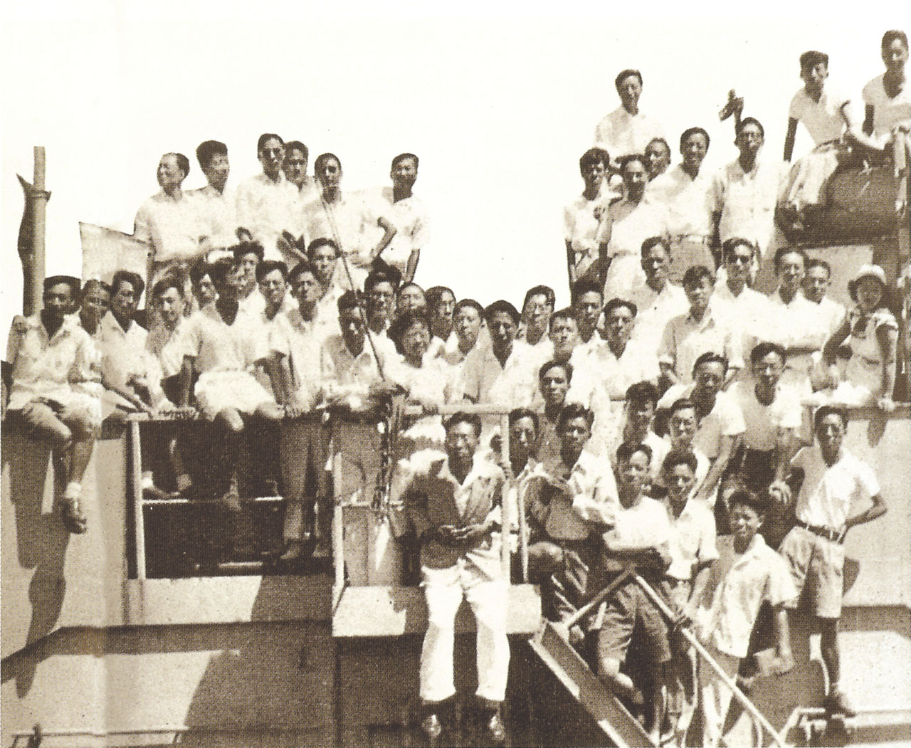 Photograph of Wu Guanzhong and other students on the ship named "海眼号"
