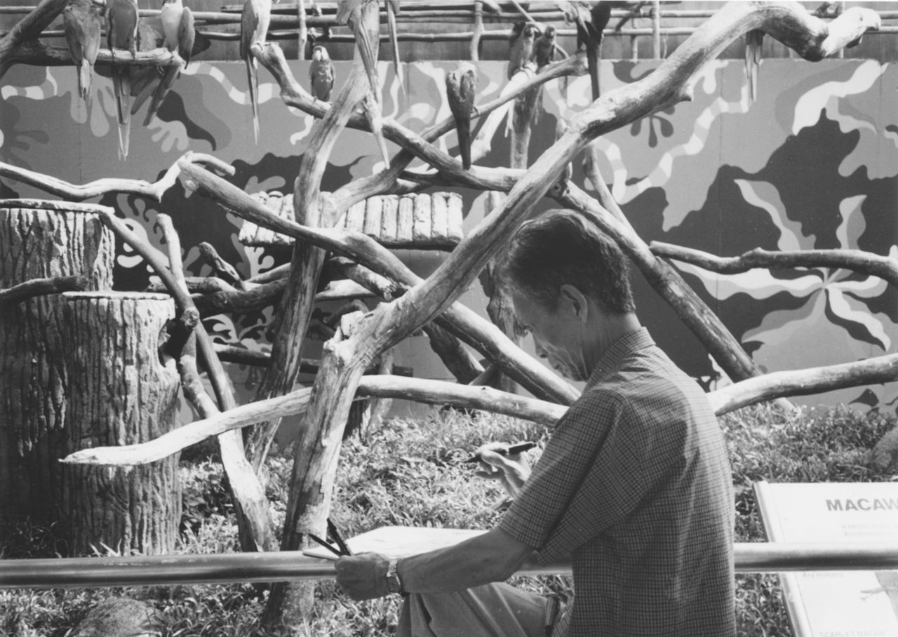 Photograph of Wu Guanzhong sketching at Jurong Bird Park, Singapore