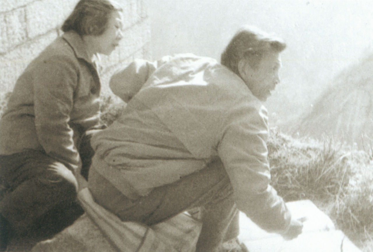 Photograph of Wu Guanzhong and his wife, Zhu Biqin at the Longmen Grottoes, Henan