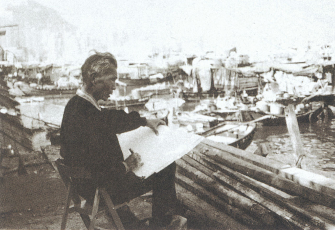 Photograph of Wu Guanzhong sketching at Typhoon Shelter, Hong Kong