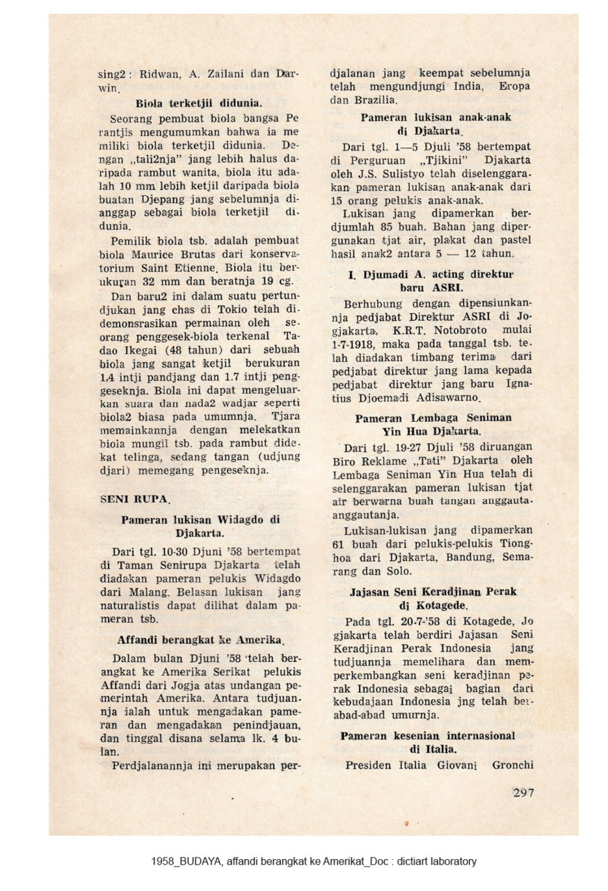 Affandi Berangkat ke Amerika & Pameran Lembaga Seniman Yin Hua Djakarta