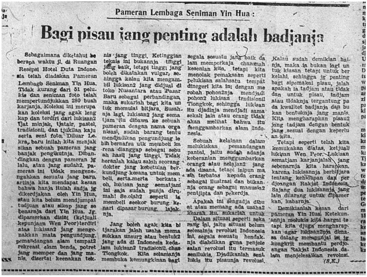 Pameran Lembaga Seniman Yin Hua: Bagi Pisau Jang Penting Adalah Badjanja