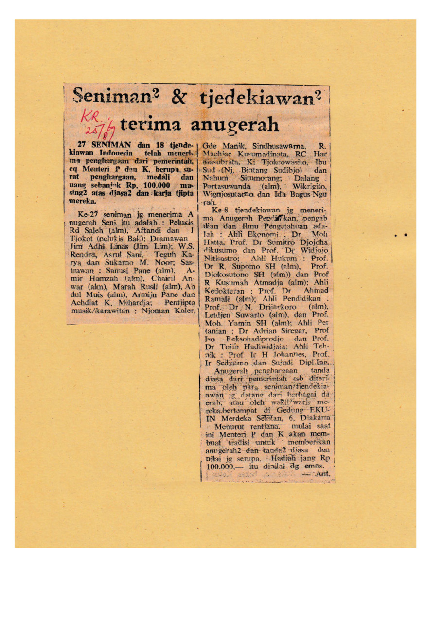 Seniman2 dan Tjendekiawan2 Terima Anugerah