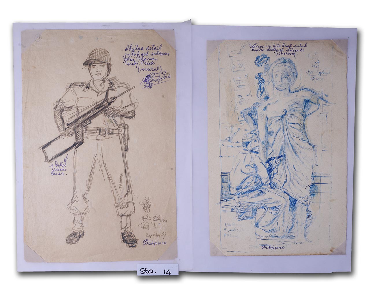 Sketsa Detail Mural Untuk Gedung Rekreasi Polisi Perairan Tandjung Priok dan Sketsa Patung Untuk Stasiun Tjikalong