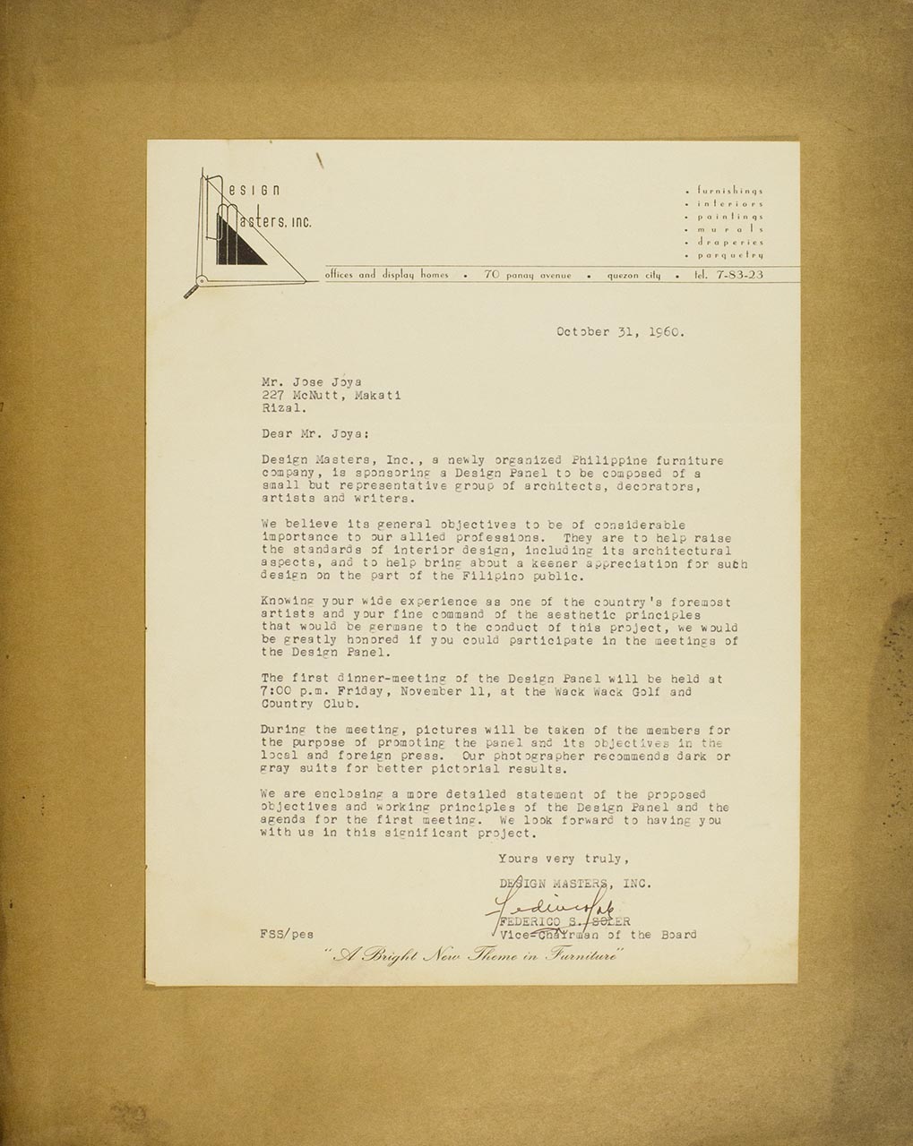 Letter addressed to Jose Joya, from Federico S. Soler