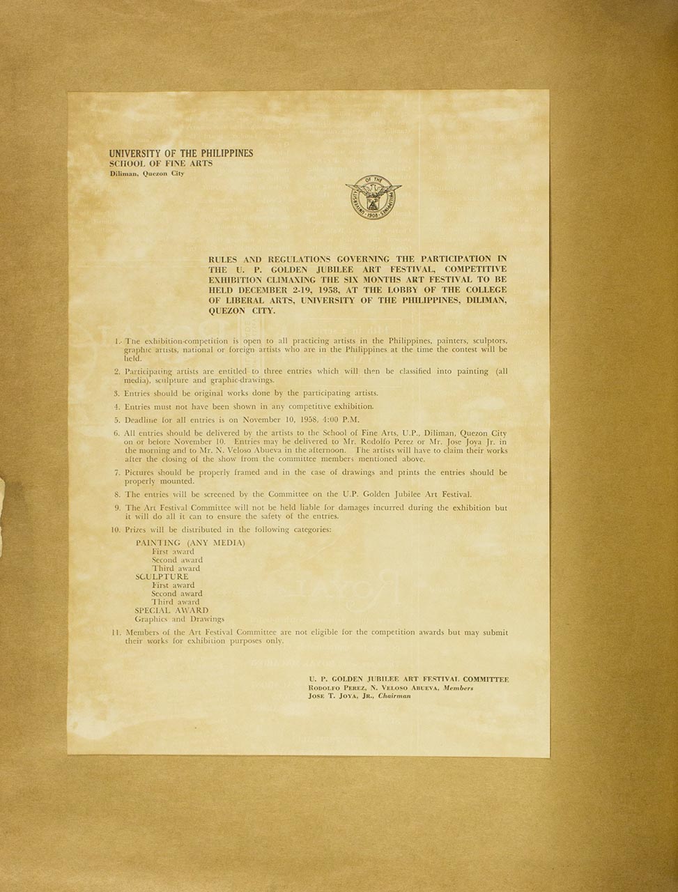 Rules and regulations governing the participation in the U.P. Golden Jubilee Art Festival, Competitive Exhibition