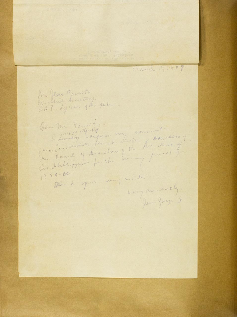 A personal letter by Joya in response to the confirmation in nomination of himself for the election.