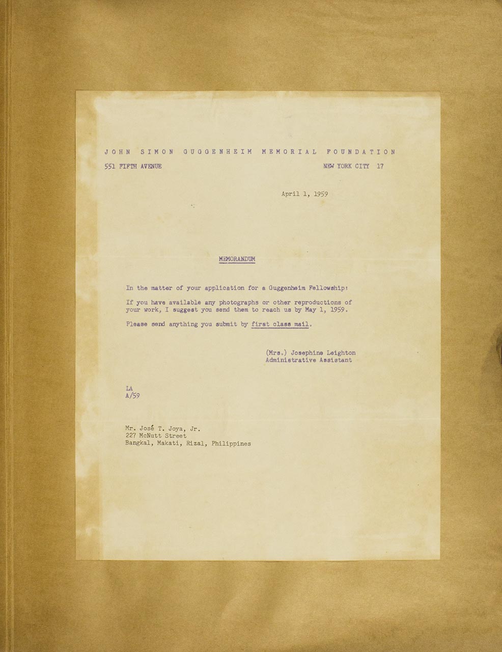 A letter of memorandum regarding Joya's application for a Guggenheim Fellowship
