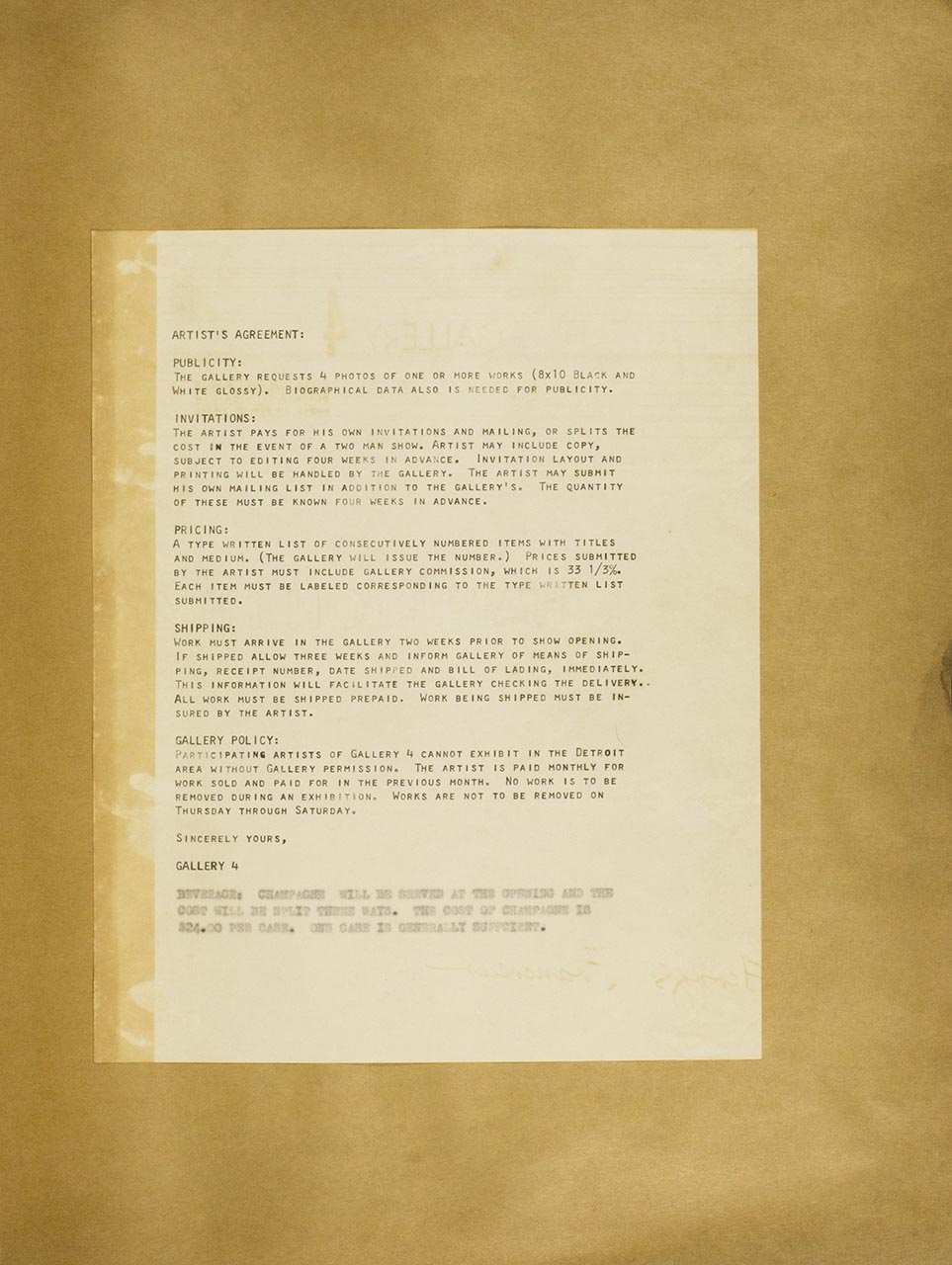 A personal letter from Gallery 4 with an Artist's Agreement (page 2 of 2)