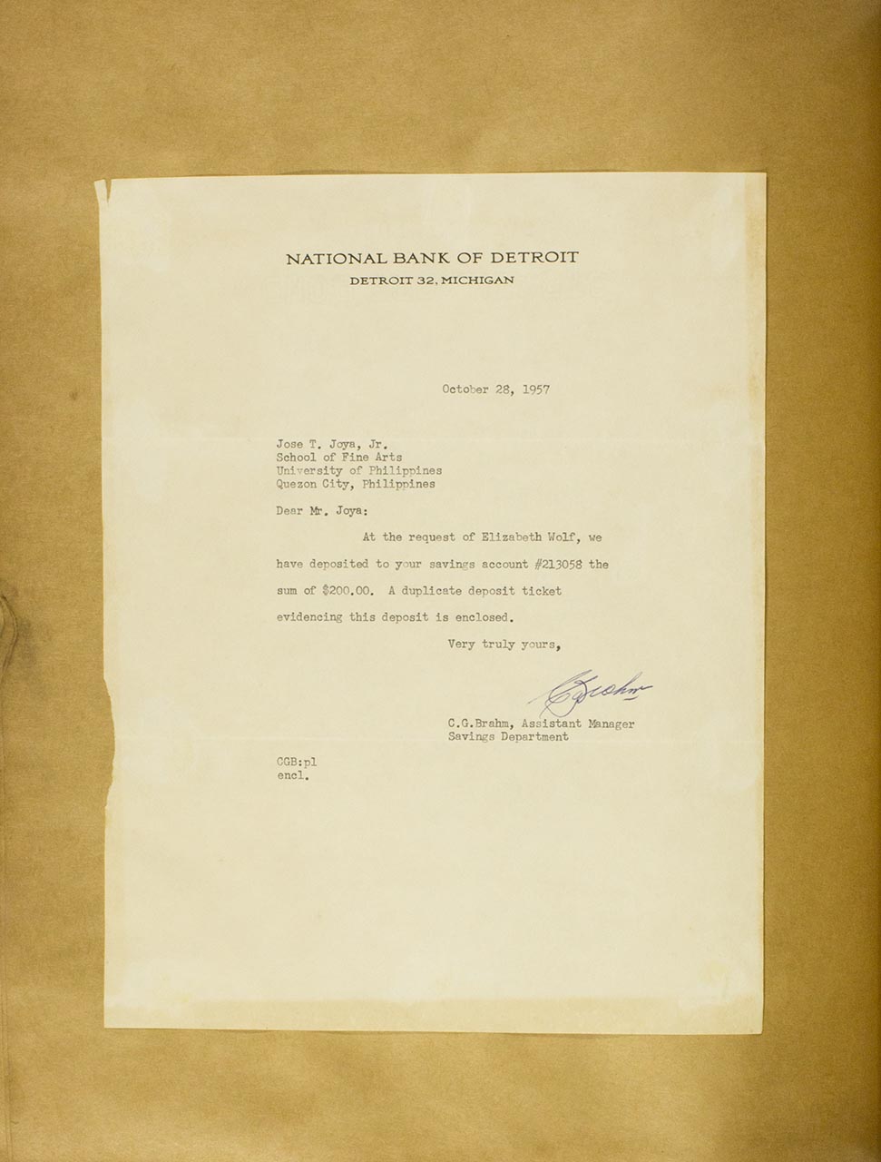 A letter to notify Joya that money has been deposited into his account.