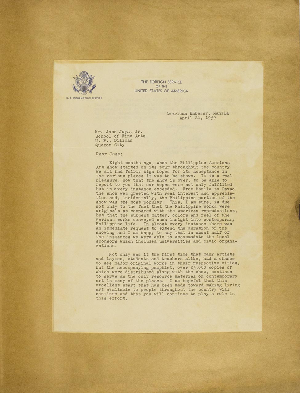 A letter of thanks to Joya regarding his participation in the Philippine-American Art Show. (page 1 of 2)