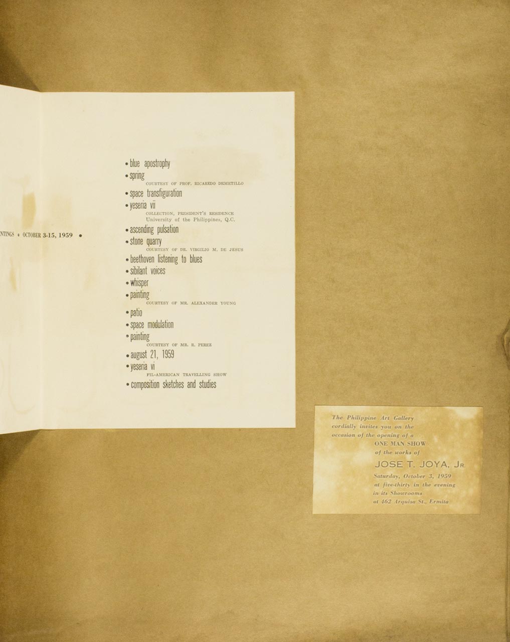 Joya: Recent Paintings (Exhibition Catalogue); An Invitation card to Joya's One-Man Show (page 3 of 3)
