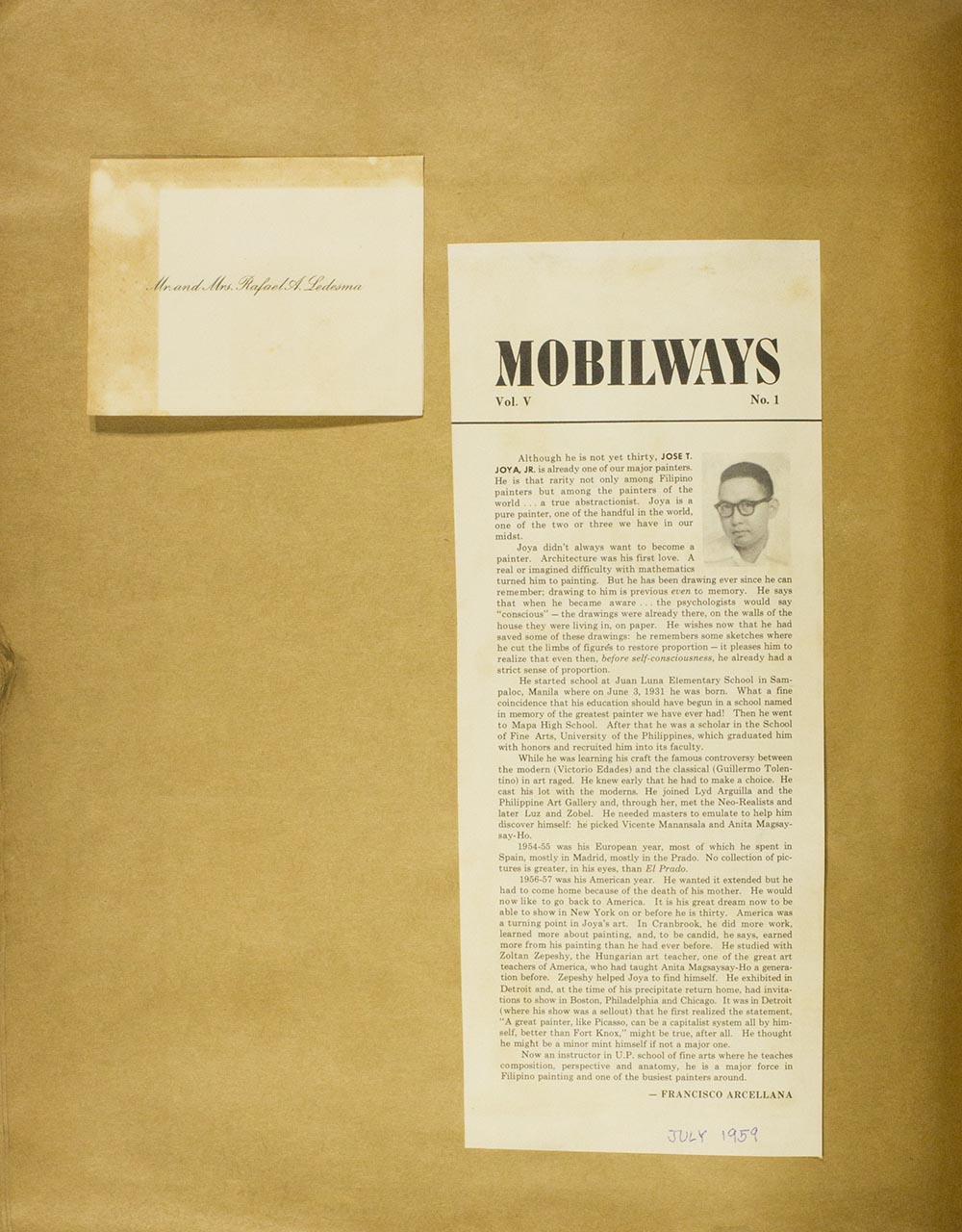 A card addressed to Mr. and Mrs. Rafael A. Ledesma; Mobilways (page 1 of 2)