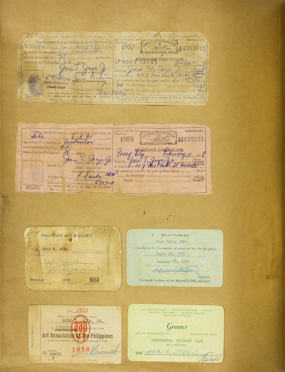 2 Residence Certificates of Joya; Membership card of the PAG; Student Card of Canbrook Academy of Art; Membership card of the AAP; Membership card of Greens (Art supply Store)