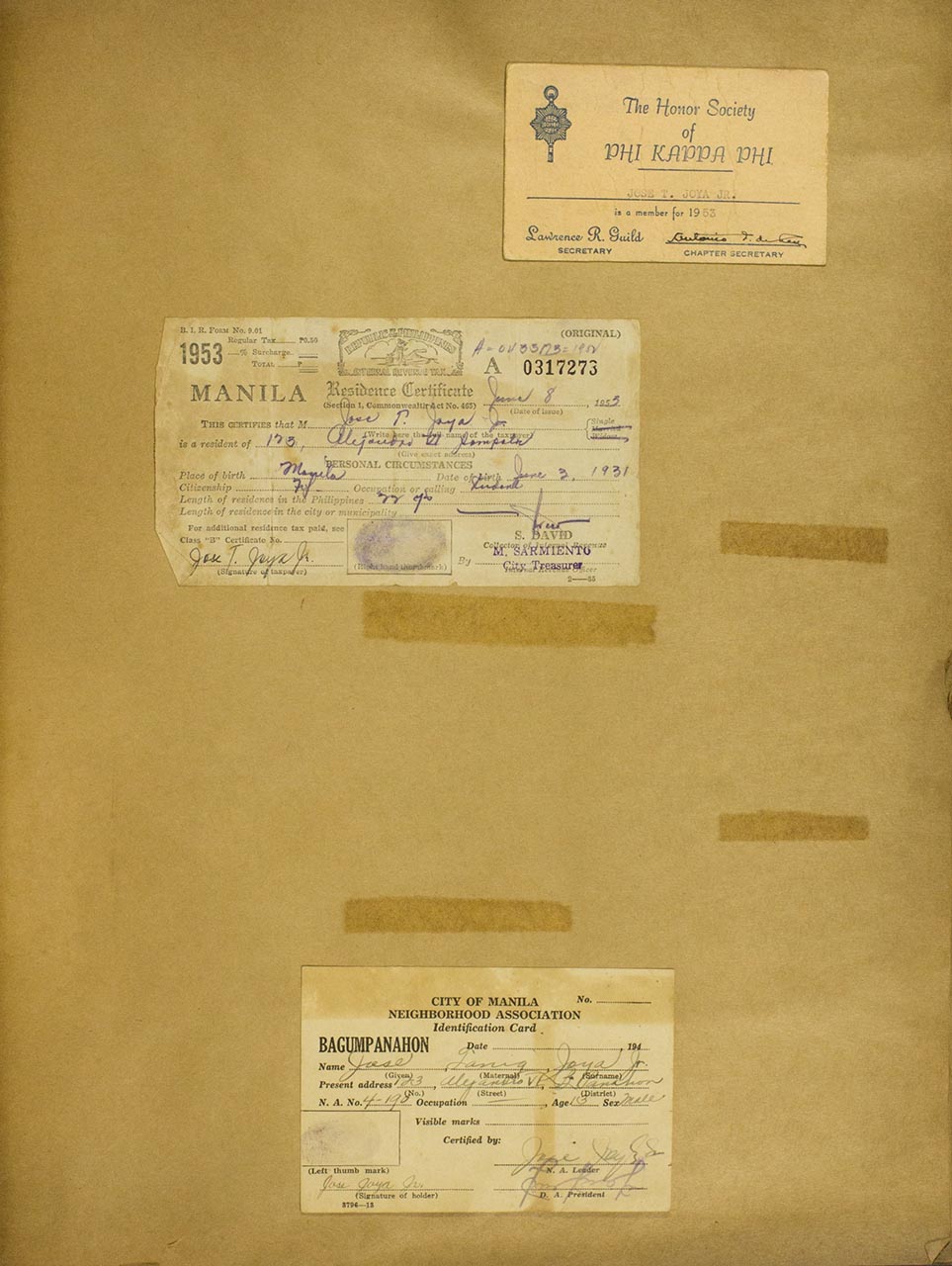 Honor Society Card of Phi Kappa Phi; Residence Certificate; Identification Card for a Neighbourhood Association