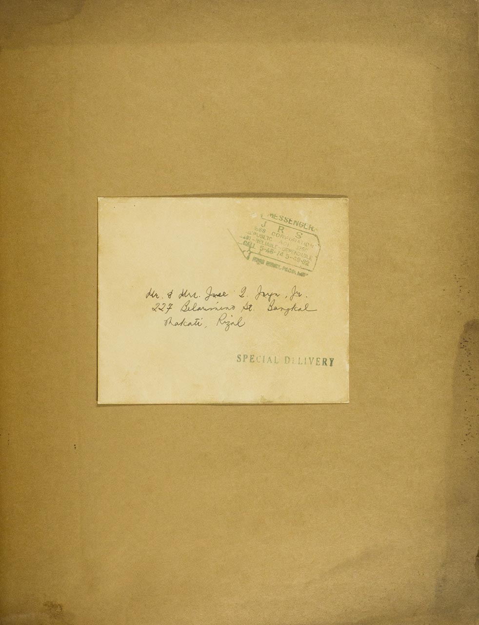 An envelope addressed to Mr and Mrs. Jose Joya Jr.; A series of stamps (page 1 of 3)