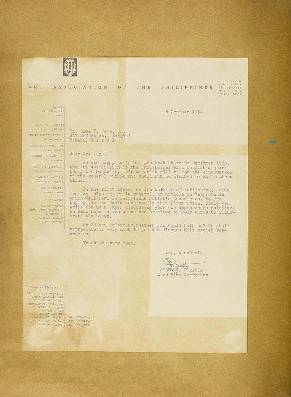 A letter requesting Jose Joya Jr.'s participation in the first issue of a quarterly Art Magazine