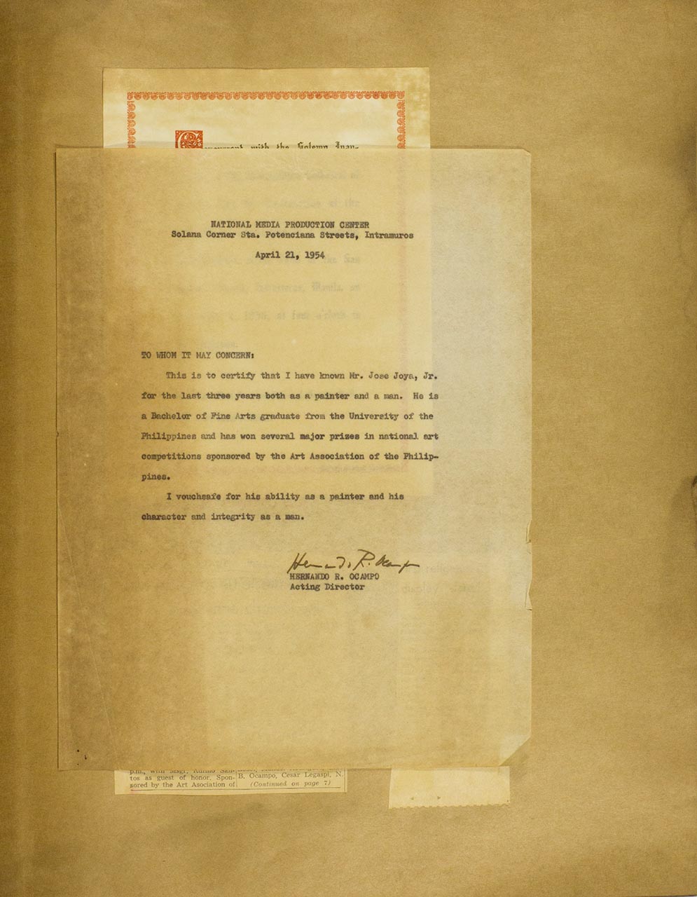 Certification letter from Hernando R. Ocampo, supporting Jose Joya