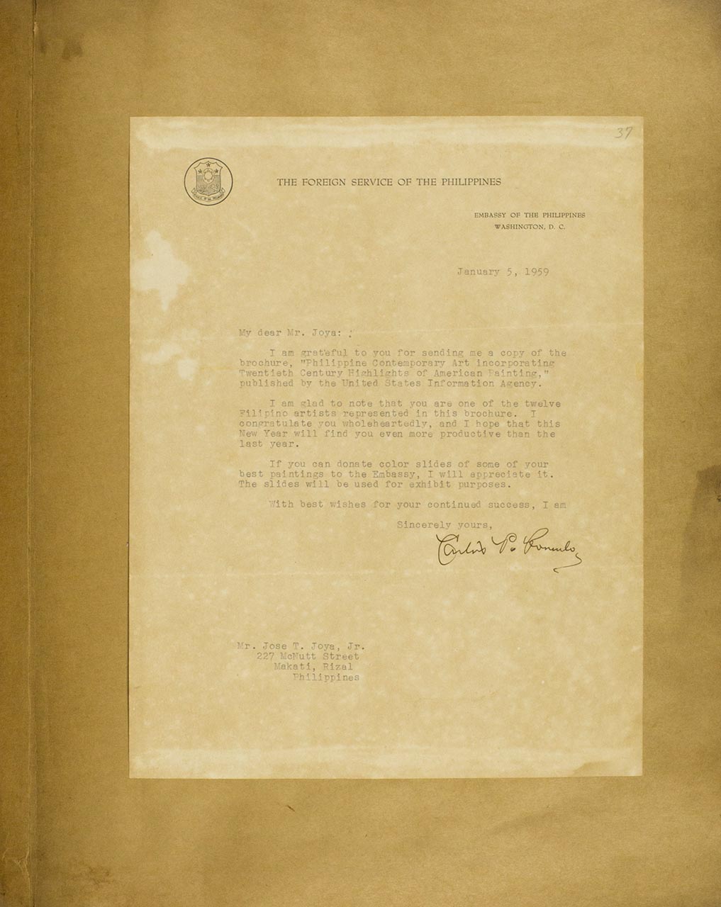 A letter of thanks to Joya regarding a copy of an exhibition brochure