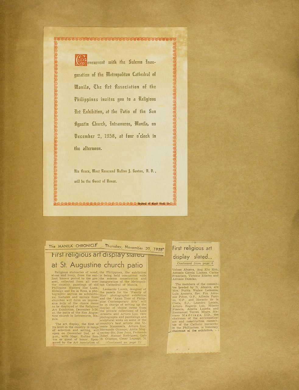 A Letter of invitation to the Religious Art Exhibition; First religious art display stated at St. Augustine church patio