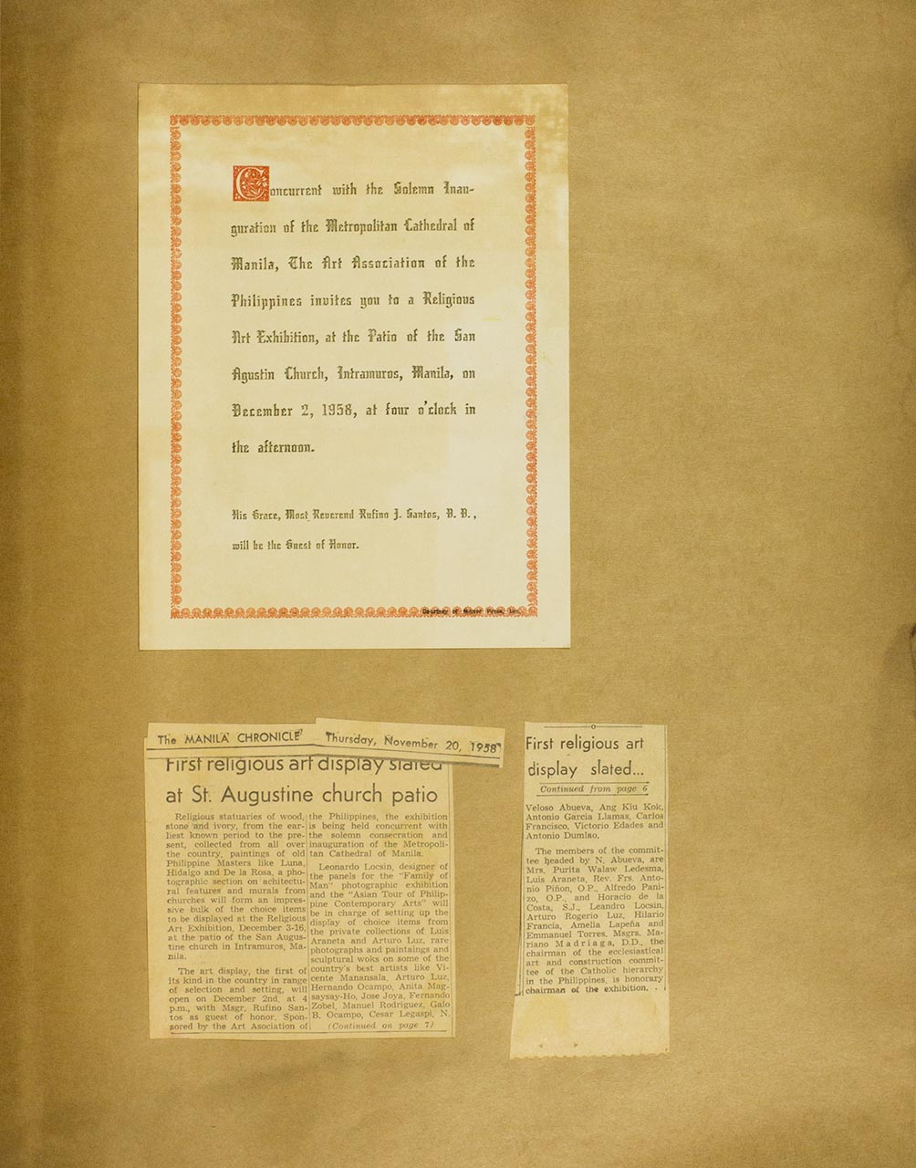 A Letter of invitation to the Religious Art Exhibition; First religious art display stated at St. Augustine church patio