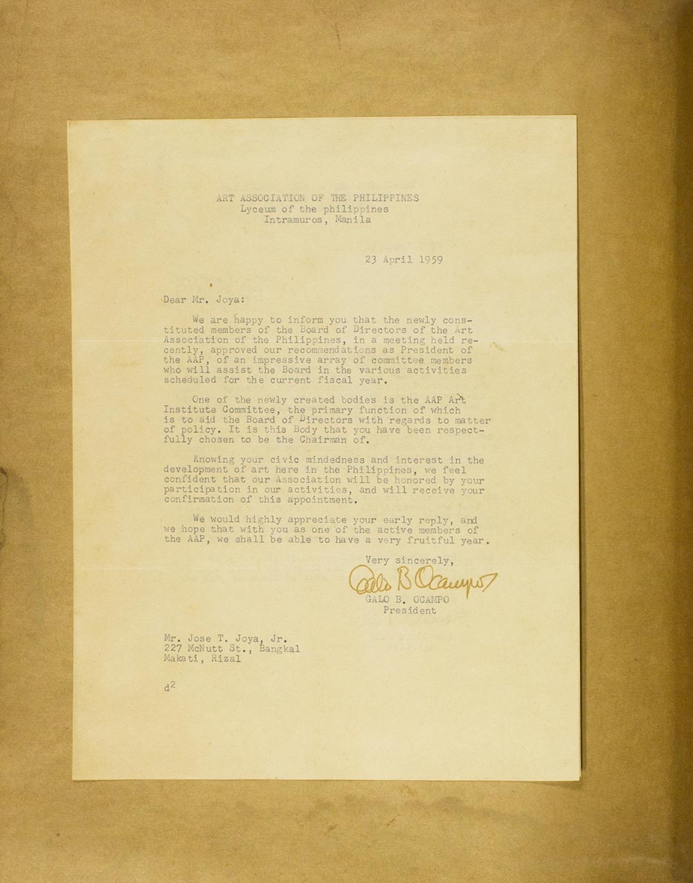 Letter from Galo B. Ocampo addressed to Jose Joya