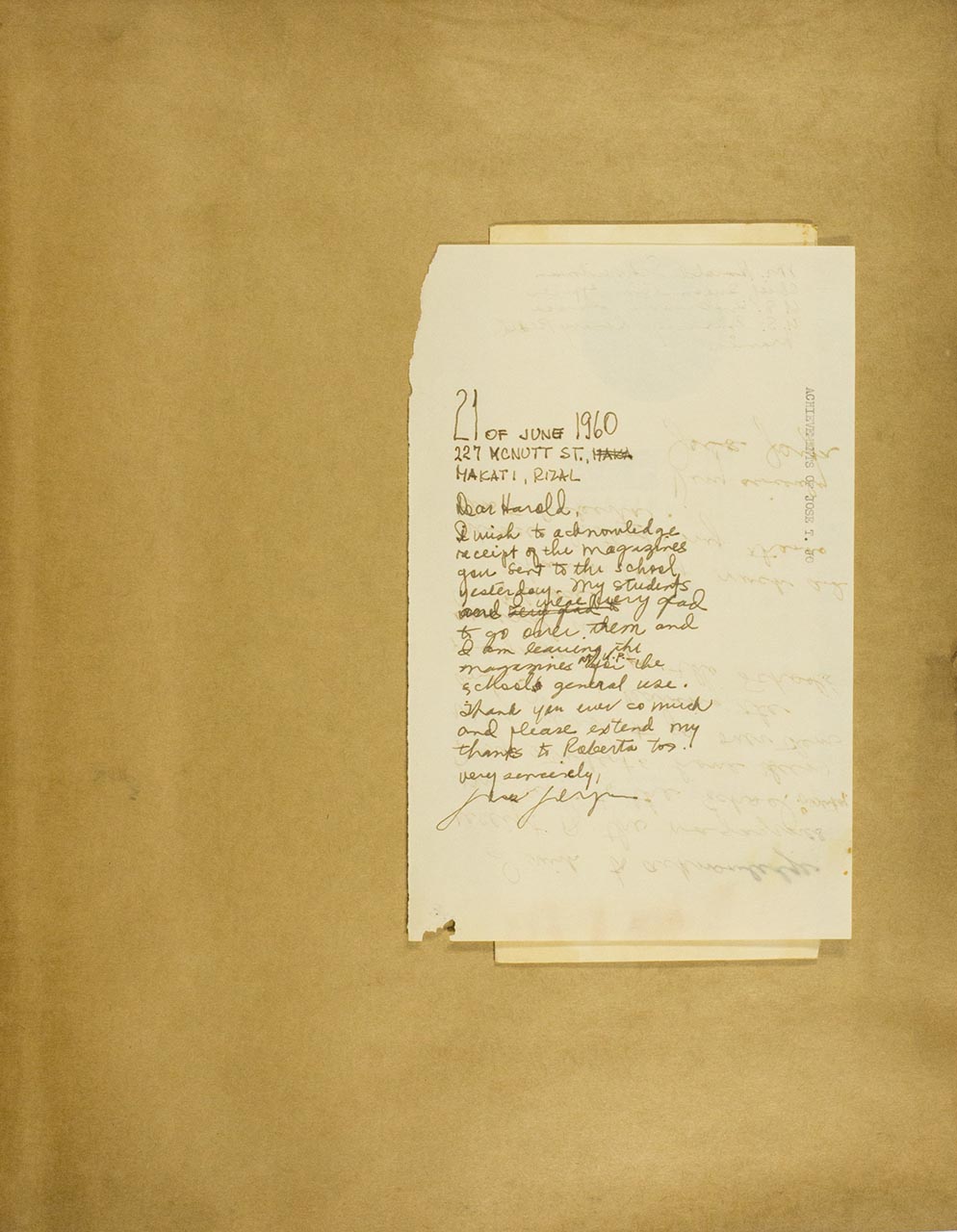 Letter to Harold from Jose Joya