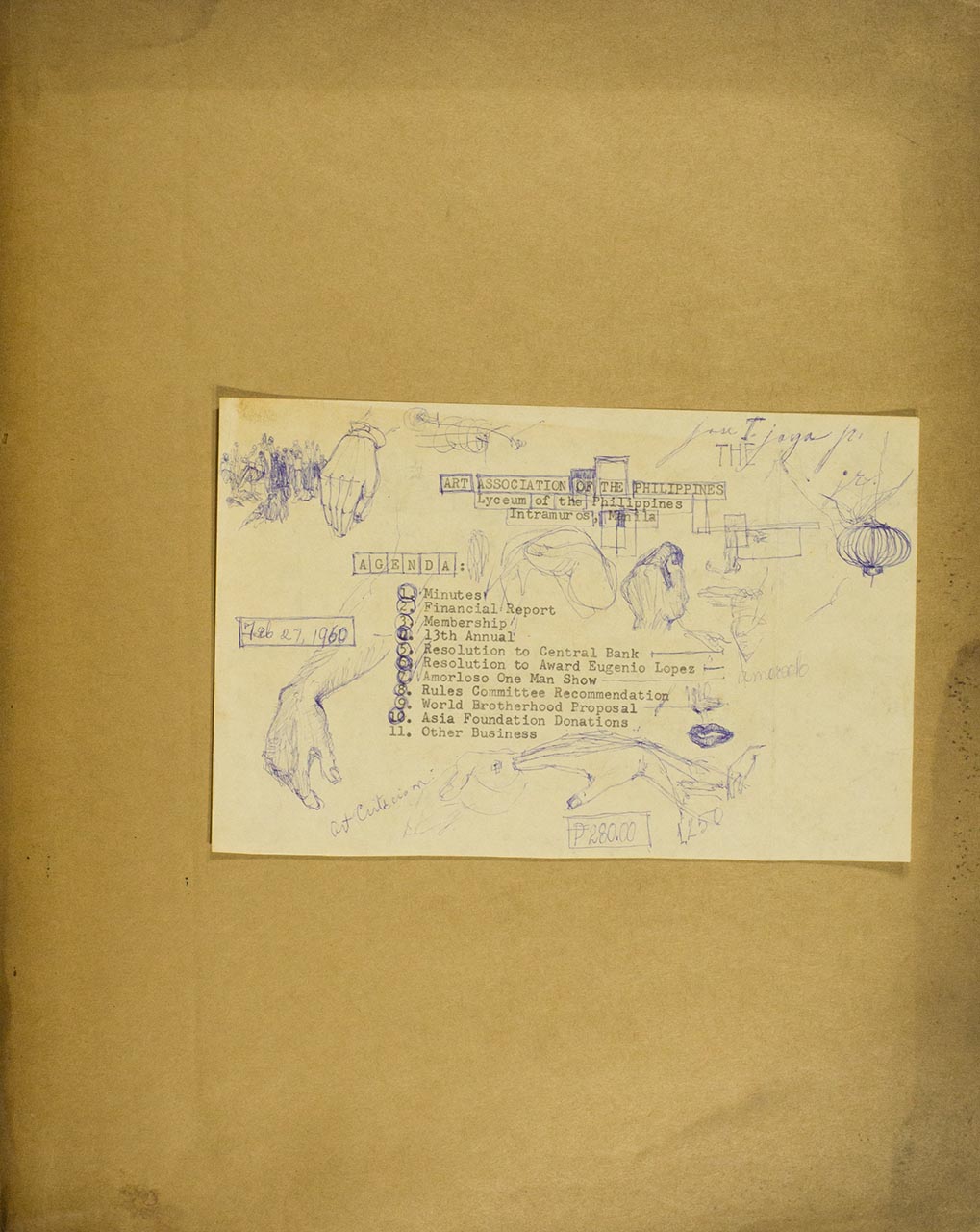 Meeting agenda with sketches in blue ink