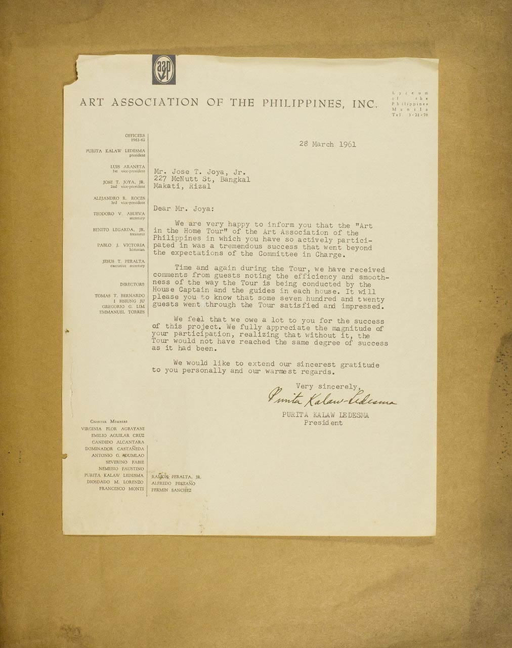 Letter from Purita Kalaw-Ledesma to Jose Joya