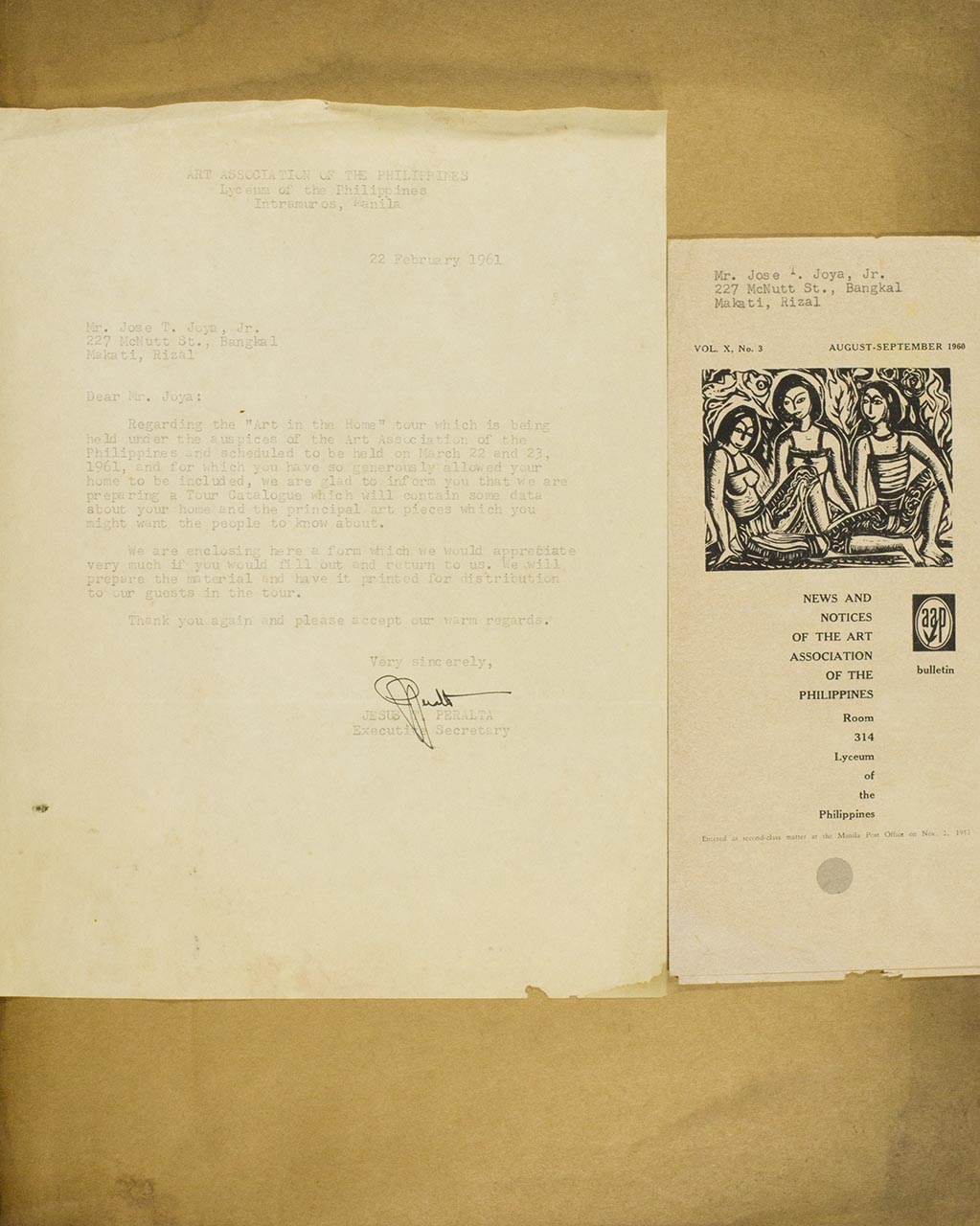 A personal letter requesting Joya to sign a form for the Tour catalogue of "Art in the Home"; AAP Bulletin Vol. X No. 3 (Page 1 of 3)