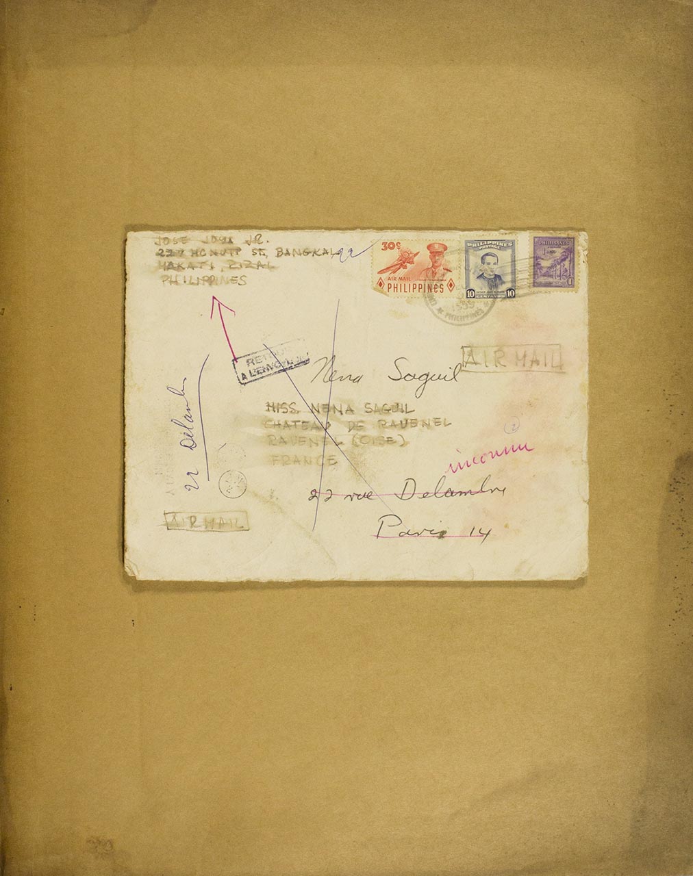 An Envelope addressed to Nena Saguil then to Jose Joya; Joya: Recent Painting (Exhibition Catalogue Invitation cum Christmas Card); A Personal Letter to Nena (page 1 of 9)