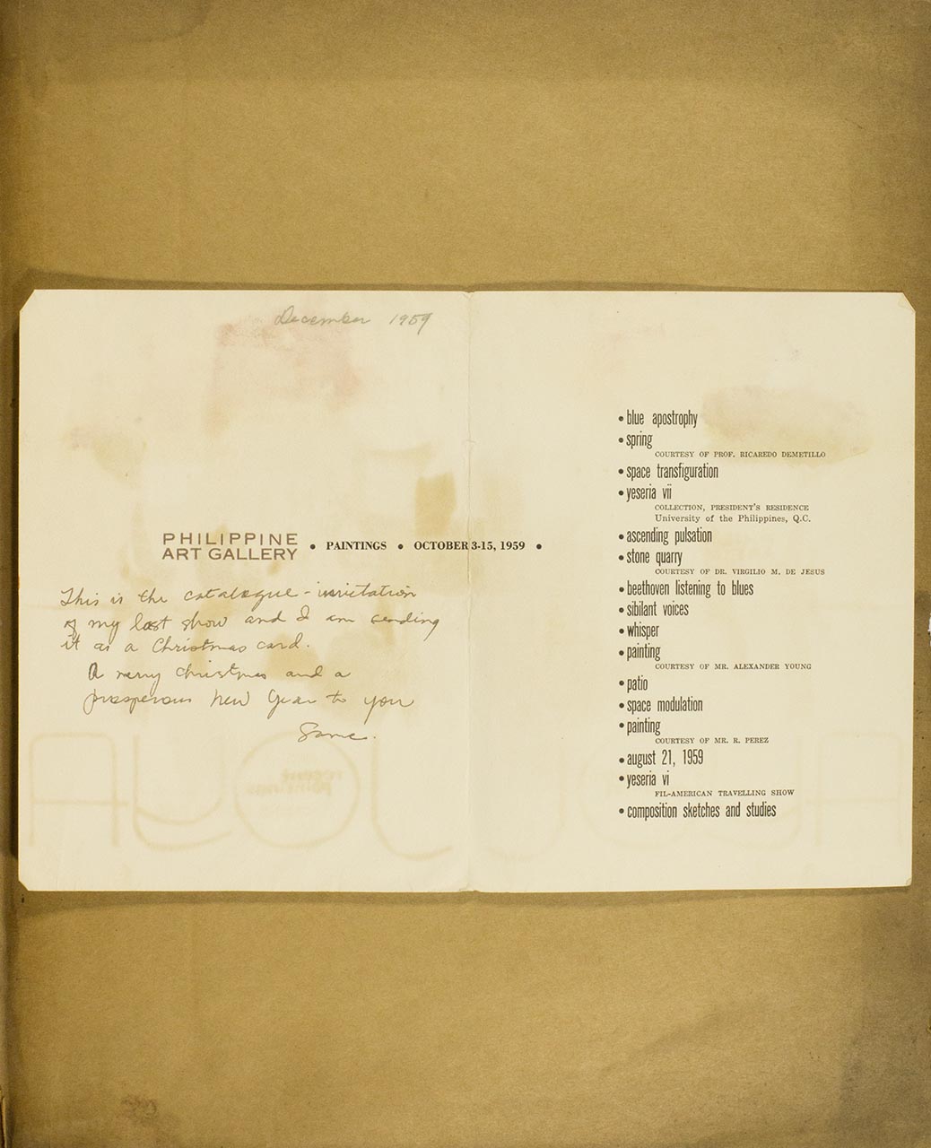 An Envelope addressed to Nena Saguil then to Jose Joya; Joya: Recent Painting (Exhibition Catalogue Invitation cum Christmas Card); A Personal Letter to Nena (page 3 of 9)