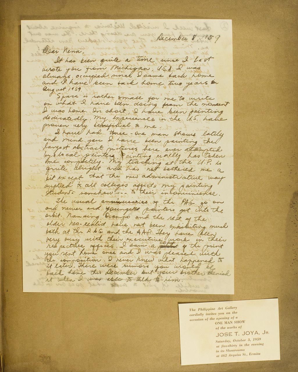 An Envelope addressed to Nena Saguil then to Jose Joya; Joya: Recent Painting (Exhibition Catalogue Invitation cum Christmas Card); A Personal Letter to Nena (page 5 of 9)