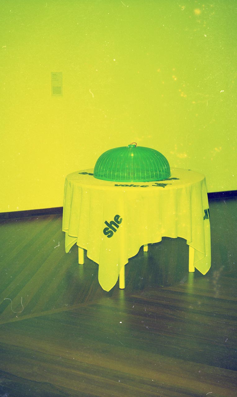 Photographic documentation of "She and her Dishcover" by Amanda Heng at the Singapore Art Museum in 2000