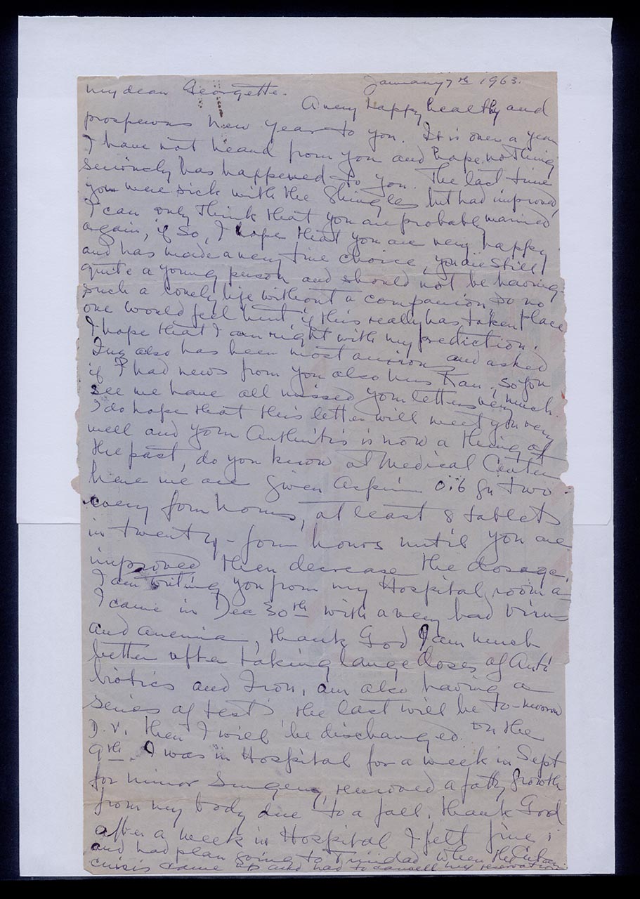 Aerogramme from Dorothy Lee to Georgette Chen, 7 January 1963 (Page 1 of 2)
