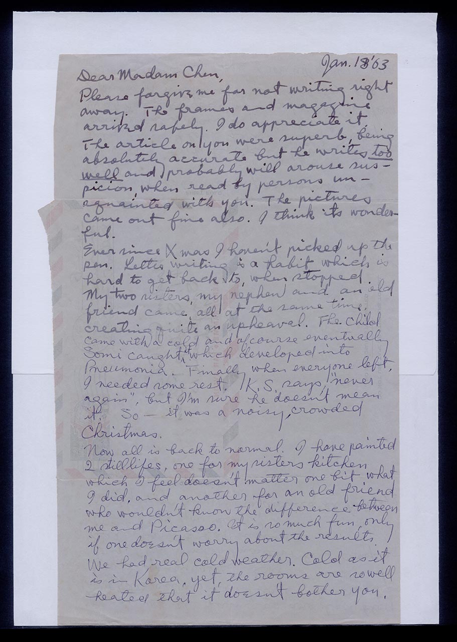 Aerogramme from Kim Sura to Georgette Chen, 18 January 1963 (Page 1 of 2)
