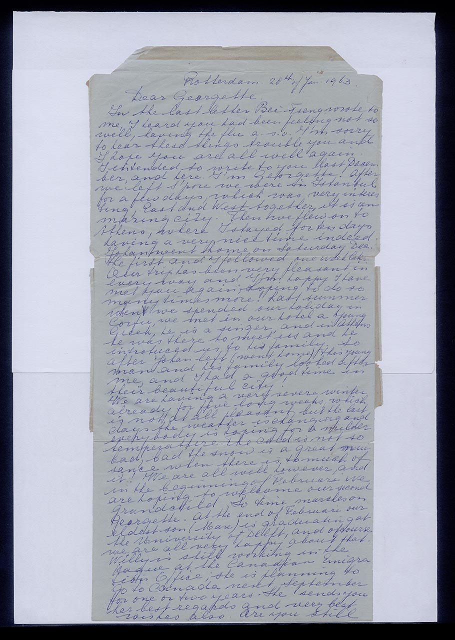 Aerogramme from Joanne in Netherlands to Georgette Chen, 28 January 1963 (Page 1 of 2)