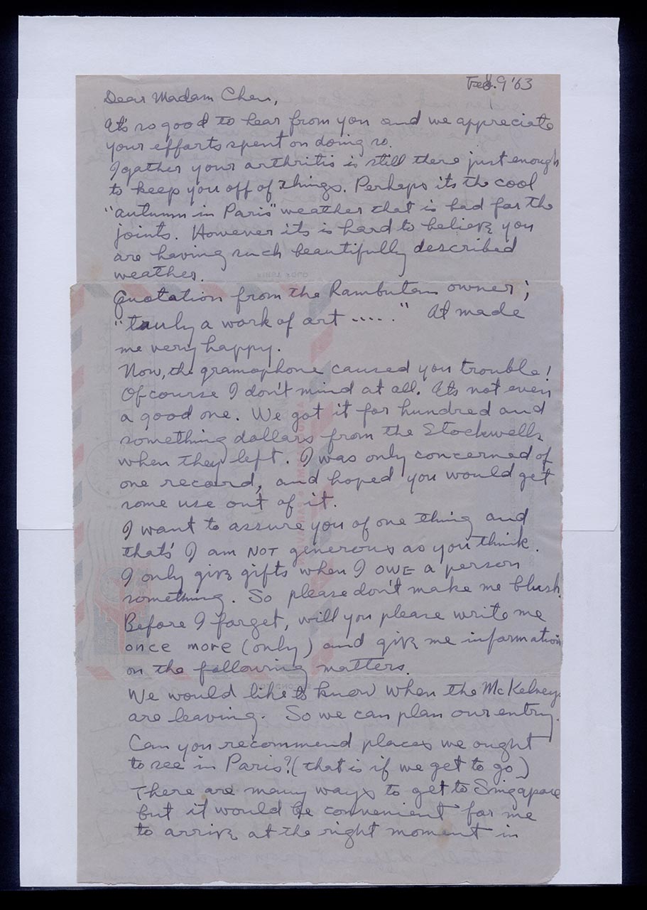 Aerogramme from Kim Sura to Georgette Chen, 9 February 1963 (Page 1 of 2)