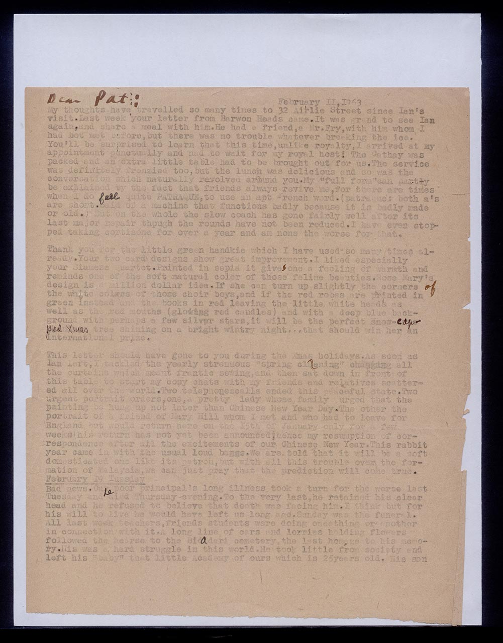 Letter from Georgette Chen to Pat, 11 February 1963 (Page 1 of 2)