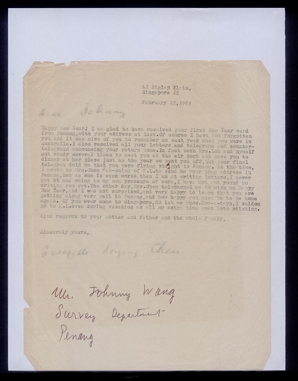 Letter from Georgette Chen to Johnny Wang, 12 February 1963