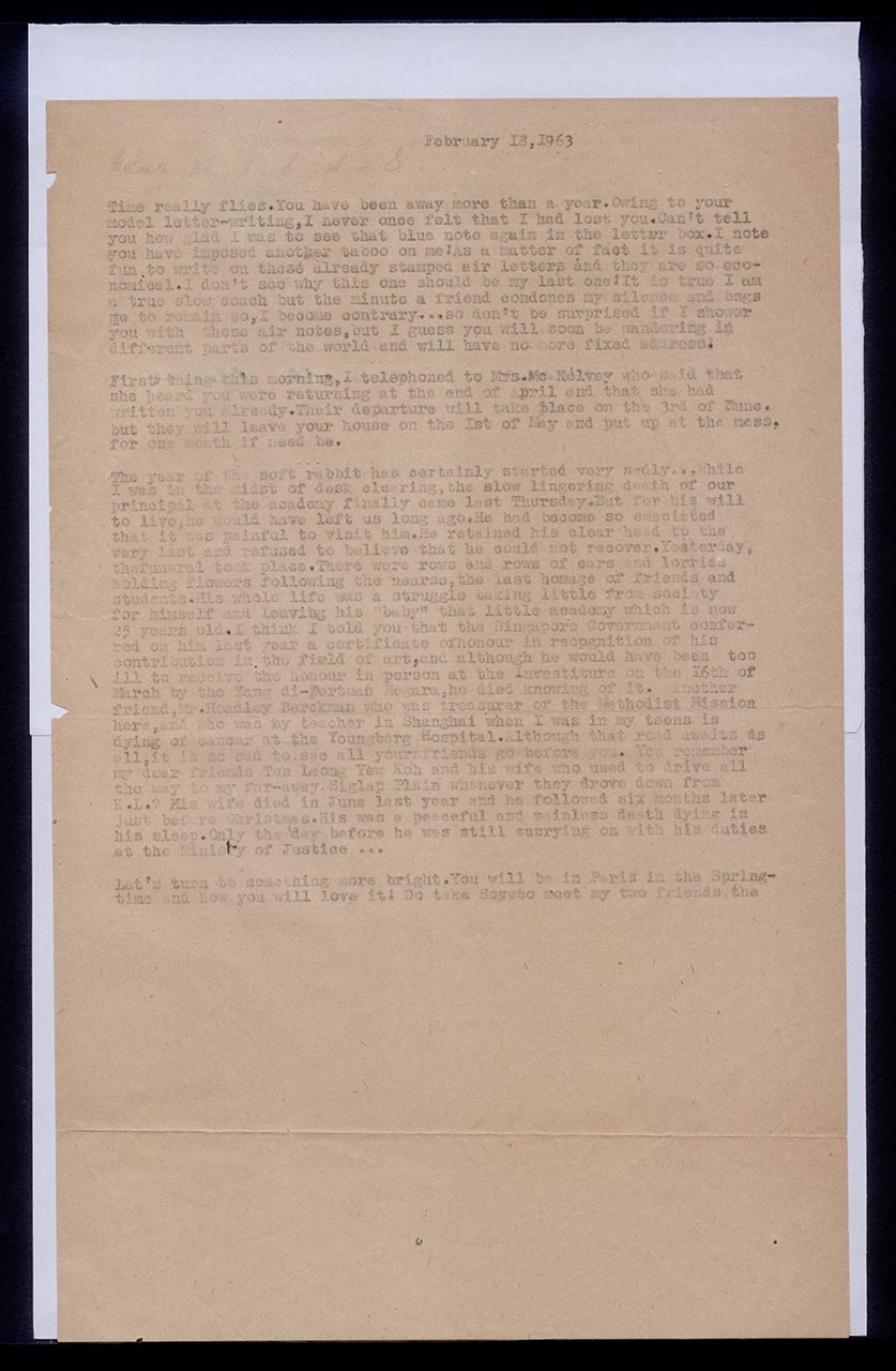 Letter from Georgette Chen to the Kim family, 18 February 1963 (Page 1 of 2)