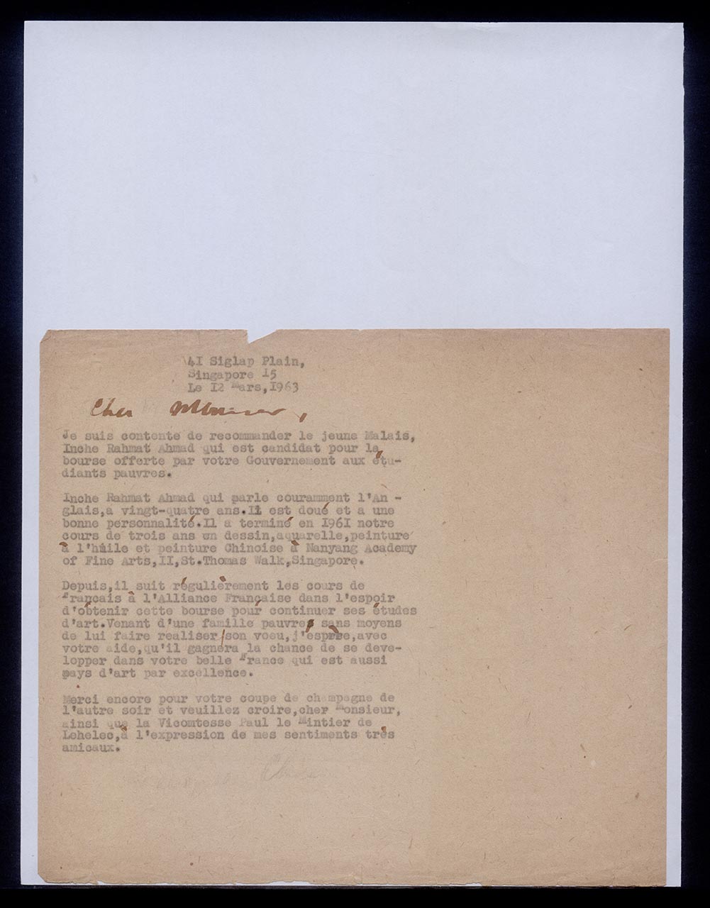 Letter from Georgette Chen to Monsieur, 12 March 1963
