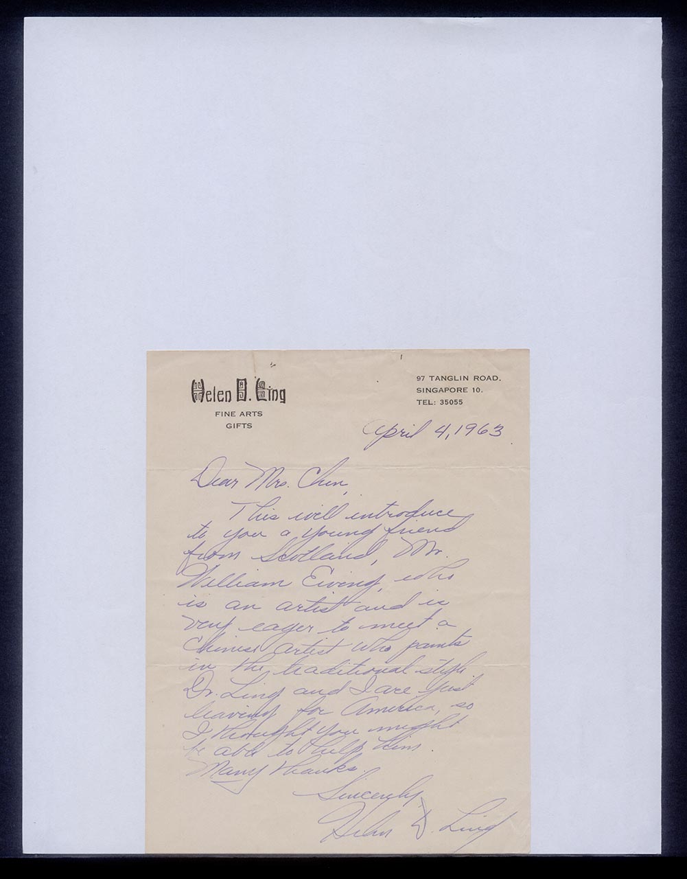 Letter from Helen Ling Fine Arts to Georgette Chen, 4 April 1963